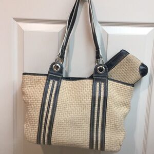 🌷Spring Purse! Jute Woven Beige & Black Tote Bag with Matching Cosmetic Bag